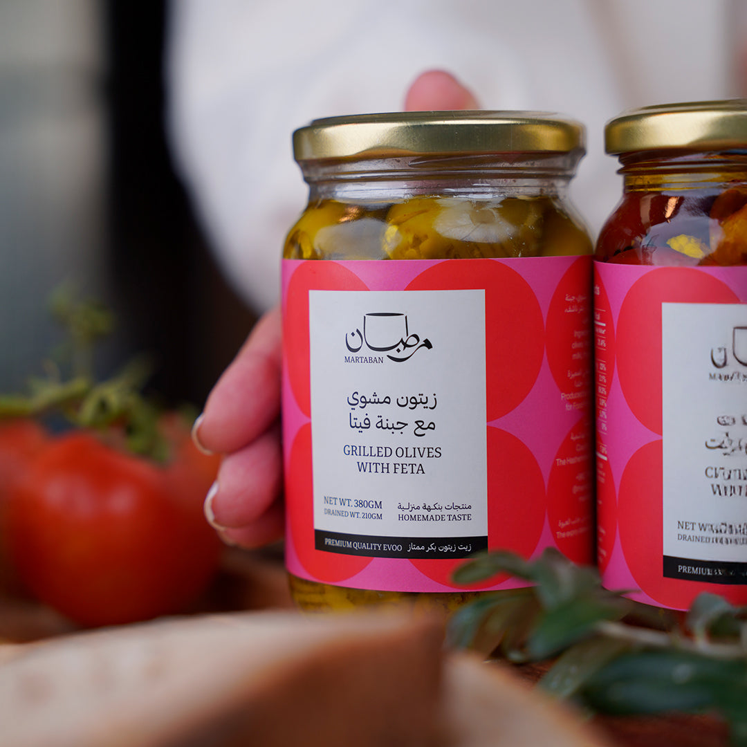 Grilled olives with Marinated Feta Cheese